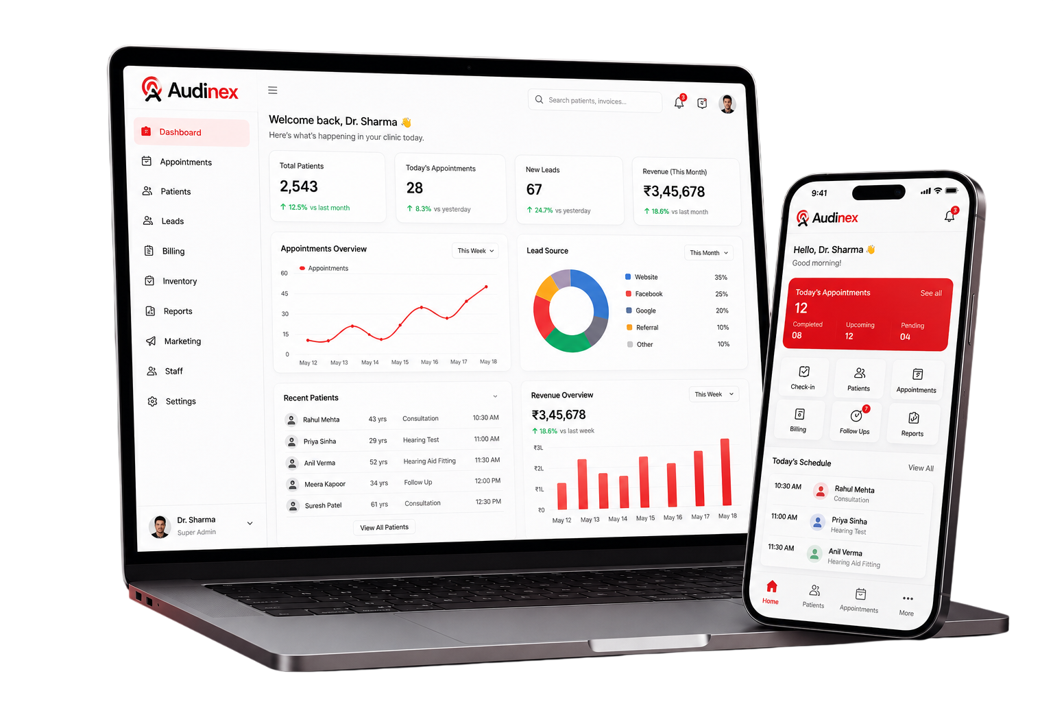 Audinex clinic ERP dashboard on laptop and mobile showing appointments, leads, patients and revenue