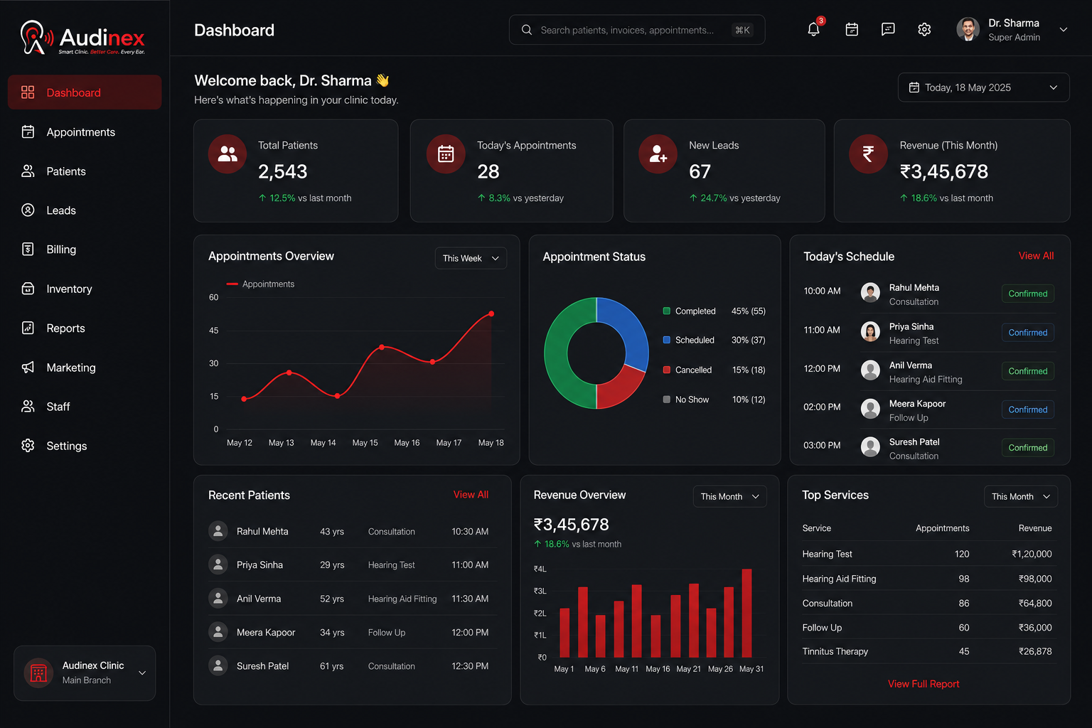 Audinex operations dashboard with clinic KPIs, appointments and revenue charts